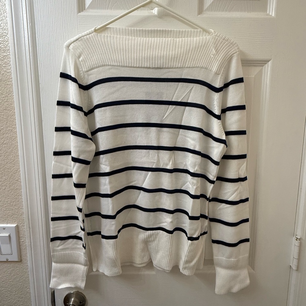 Chaps Off-the-Shoulder Sweater in White with Black Stripes
